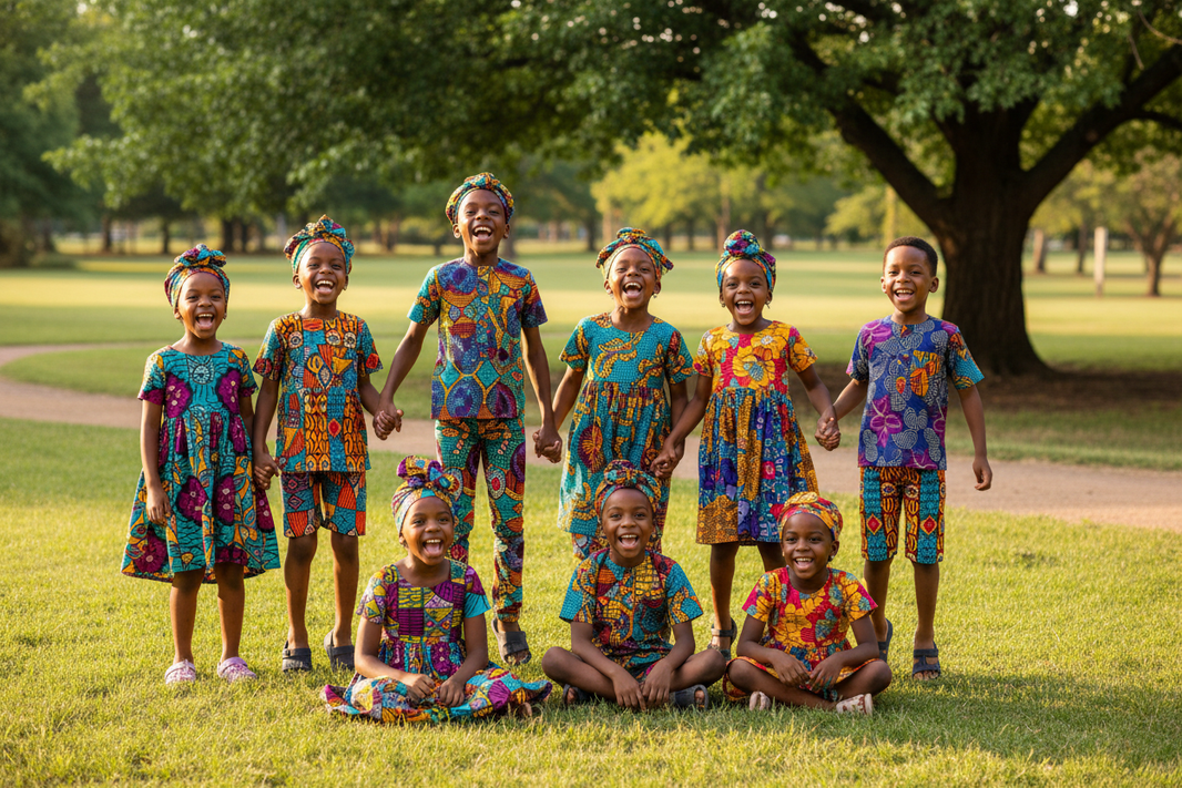 Children wearing colourful African Ankara fabric outfits
