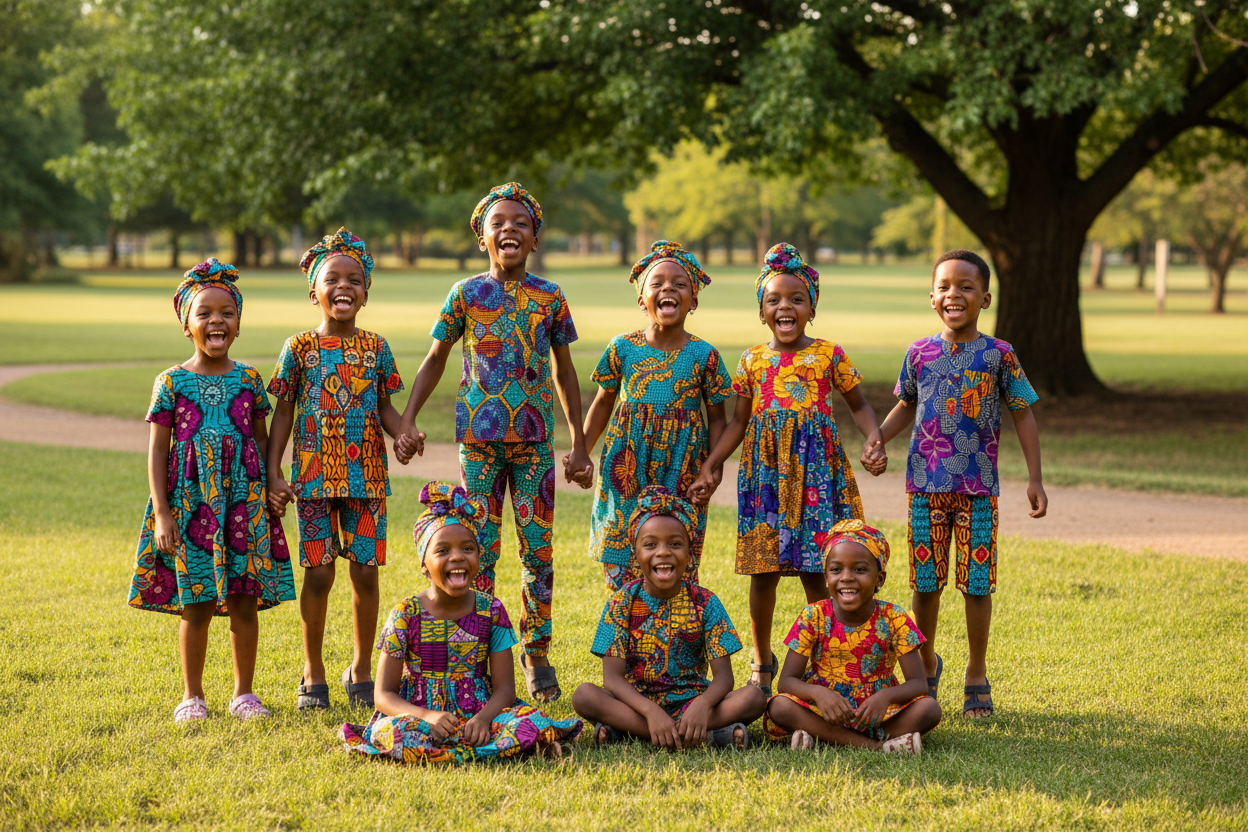 Children wearing colourful African Ankara fabric outfits