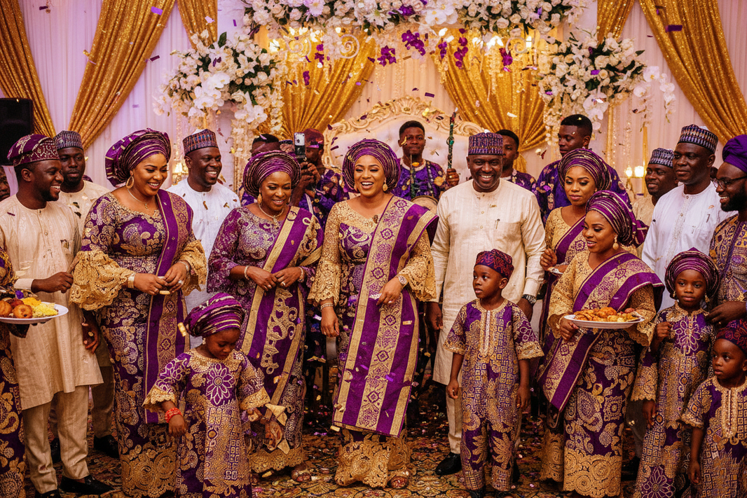 Nigerian Aso-Ebi celebration with guests in matching gold and purple fabric