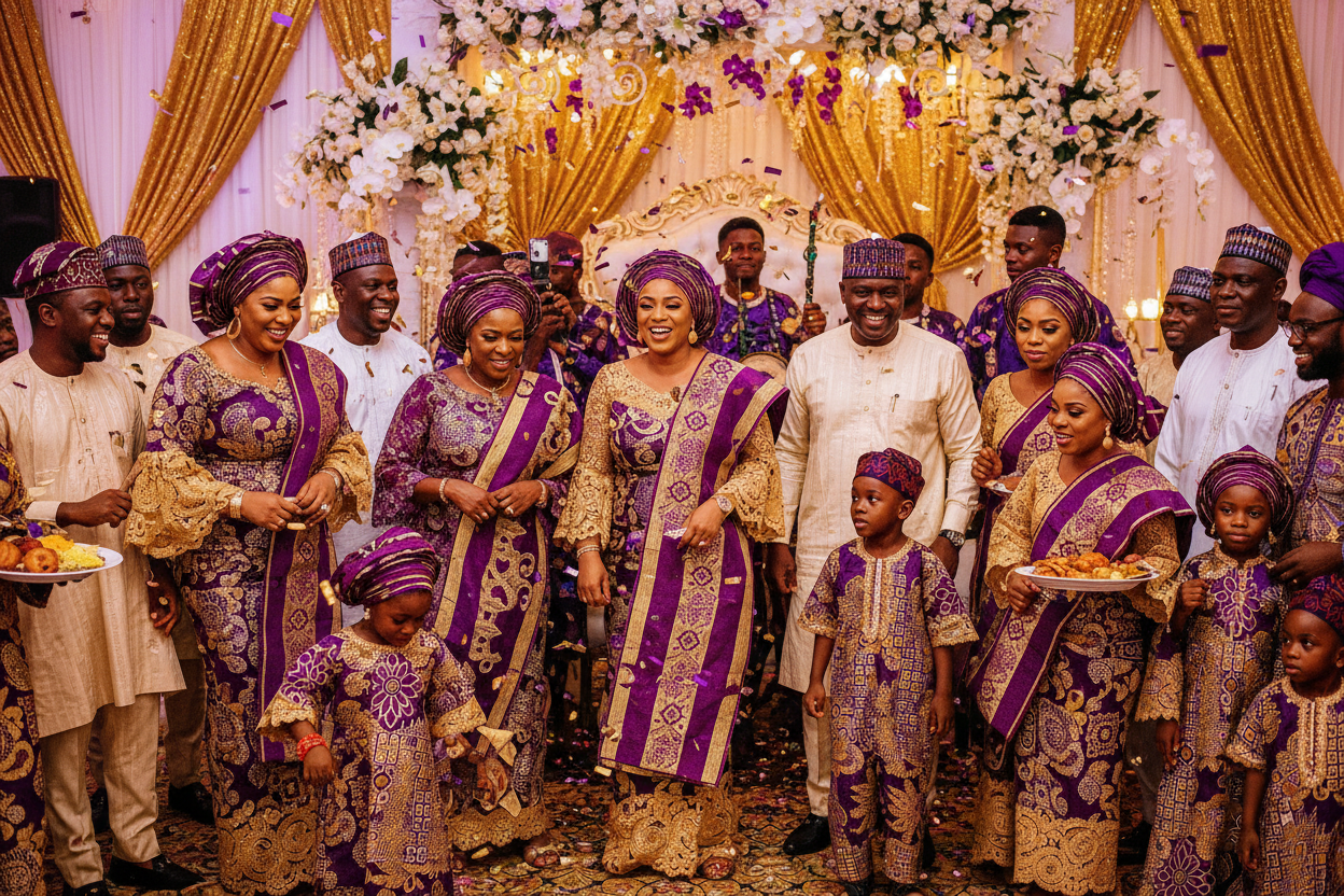 Nigerian Aso-Ebi celebration with guests in matching gold and purple fabric