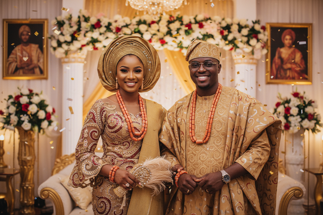 Nigerian wedding couple in traditional Aso-Oke attire