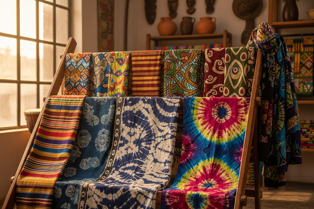 Vibrant collection of African textiles including Ankara, Aso-Oke, Batik and Kampala fabrics