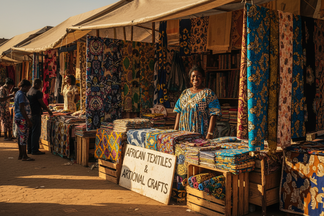 Entrepreneur selling African fabric at a market stall