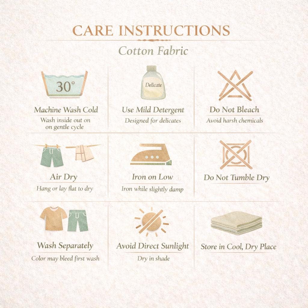 May include: A beige graphic with care instructions for cotton fabric. The instructions include washing at 30 degrees, using mild detergent, air drying, ironing on low, and avoiding bleach, tumble drying, and direct sunlight. The text reads "Care Instructions".